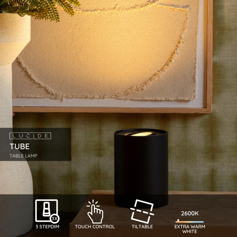 Lucide TUBE - Stolová lampa - Ø 9,6 cm - LED Rozm. - GU10 - 1x5W 2600K/2800K - 3 StepDim - Čierny